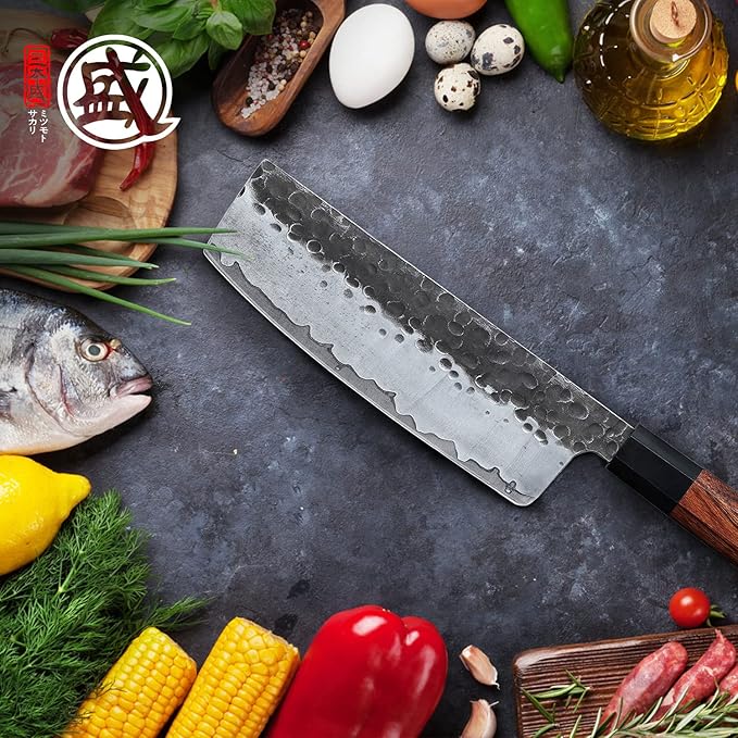 MITSUMOTO SAKARI Nakiri Chef Knife 7 inch - Hand Forged Japanese Kitchen Knives, 3-Layer 9CR18MOV High Carbon Steel, Rosewood Handle & Sandalwood Box