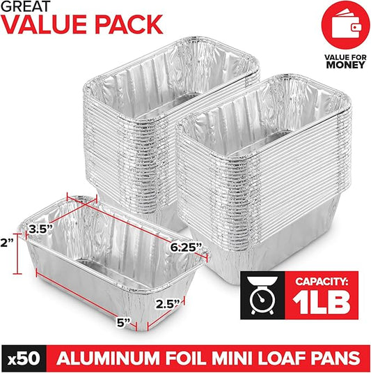 Stock Your Home Aluminum Pans Mini Loaf Pans (50 Pack) 1 Lb Aluminum Foil Tin Pans, Small Loaf Pans – 1 Pound Disposable Baking Pans Perfect for Baking Cakes, Bread Loaves - 6 x 3.5 x 2