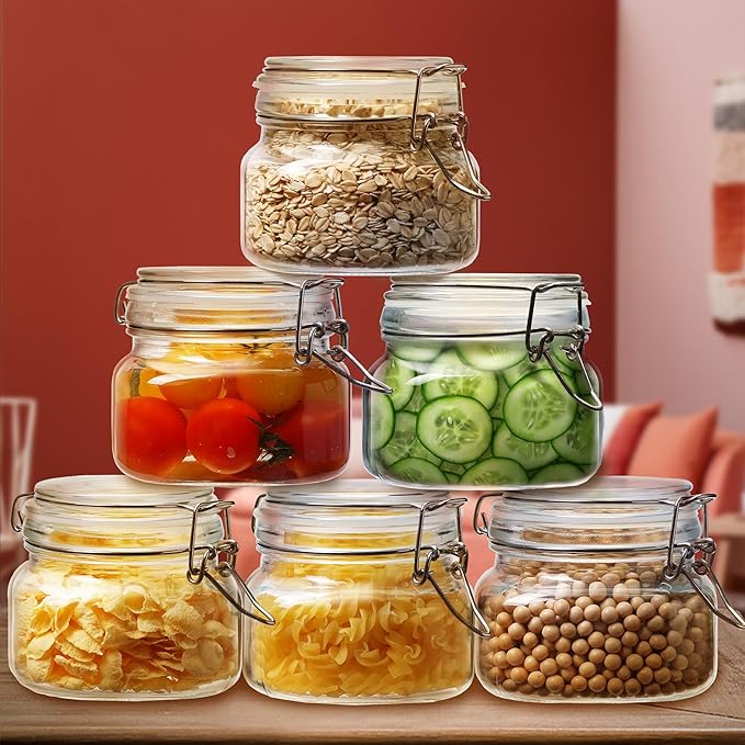 17oz - 6 Pack Square Glass Jars with Airtight Lid, Wide Mouth Mason Jars with Clamp Lids, Air Tight Glass Canisters, Best Food Storage Containers for Cereal, Pasta, Rice, Sugar, Coffee, Spice