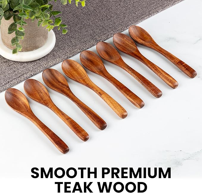 Zulay Kitchen Teak Wood Small Honey Spoons Set โ 8 Piece Mini Wooden Honey Dippers, Handcrafted Natural Teak Wood, Durable, Smooth Finish & Food-Safe Design