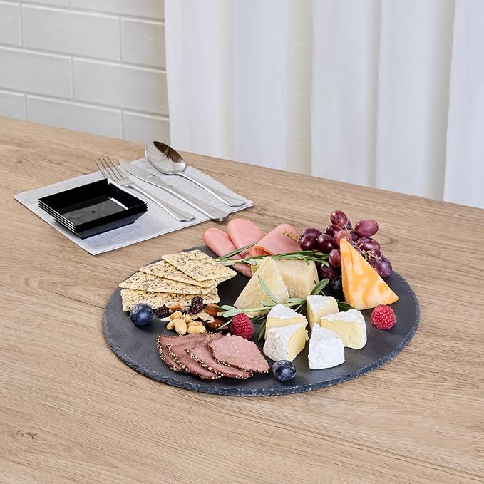 Restaurantware Slate Serving Tray 1 Pack of 11.81" Foam Feet Charcuterie Stone Plate Rustic Edges Freezable Black Square Serving Display Cheese Board for Kitchen, Gourmet, Dining, Parties