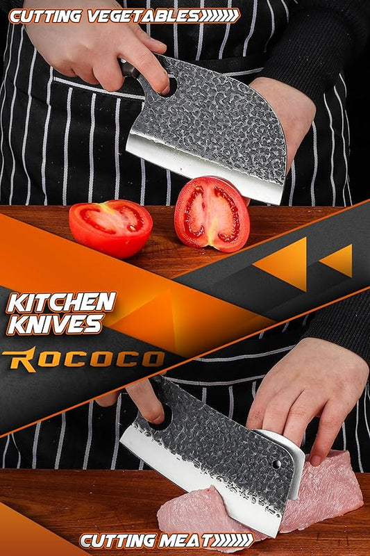 ROCOCO 13PCS Butcher Cleaver Knife Set for Meat Cutting Serbian Chef Viking Boning Knife with Roll Bag for Kitchen Outdoor BBQ Camping Birthday Christmas Father Mother Gift Idea Men