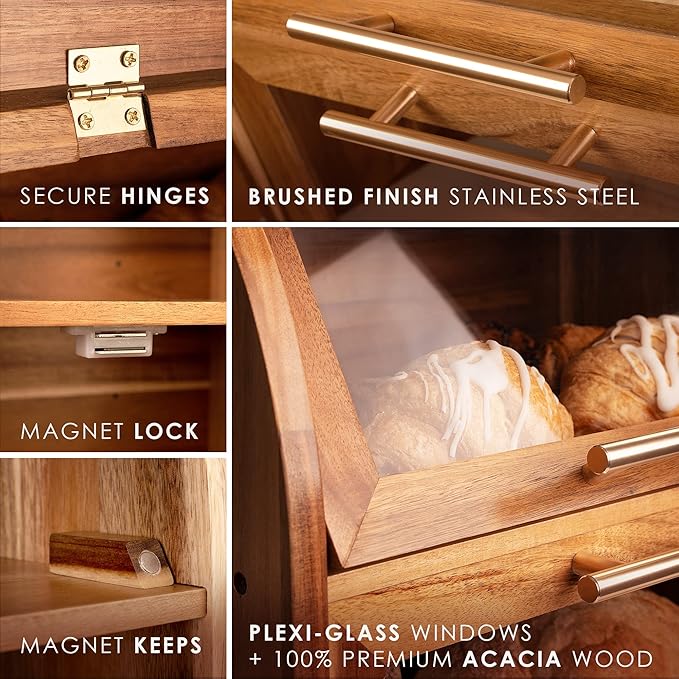 Arise Stylish Acacia Bread Box for Kitchen Countertop, Extra Large 2-Shelf Wooden Bread Storage Container with Clear Windows and Air Vents Keep Bread, Bagels and Rolls Fresh, Self Assembly