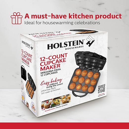 Holstein Housewares Non-Stick 12-Count Electric Cupcake Maker Machine – Bakes 12 Cupcakes, Muffins, Pizza Cups, Cinnamon Buns – Perfect for Gifts, Birthdays, Holidays, or Bake Sales, Black