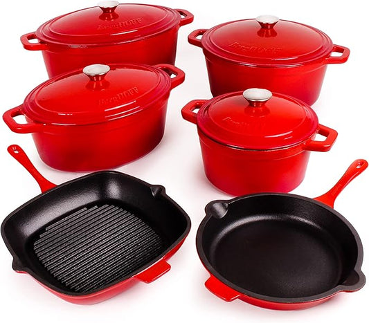 BergHOFF 10Pc Neo Enameled Cast Iron Cookware Set, Matching Lid, Oven Safe Up To 400°F, Red