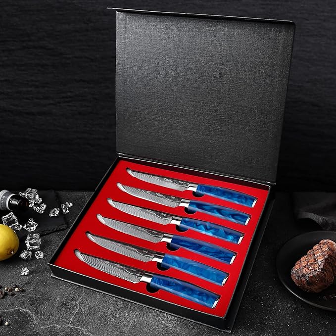 Serrated Steak Knife Set - 6pcs Premium 4.5 inch Kitchen Cutting Steak Knives, German Stainless Steel KnifeTable Dinner Knife with Blue Resin Handle for Home Restaurant, Gift Box