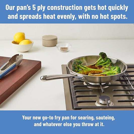 Misen 5-Ply Stainless Steel 12" Frying Pan - Professional Cookware for Induction, Gas and Electric - Dishwasher Safe, Oven Safe to 800°F - Durable, Versatile, Even Heating