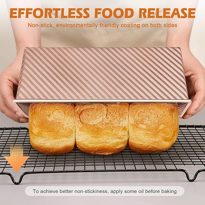 2Pack Pullman Loaf Pans with Lids – 2.2 LB & 1 LB Dough Capacity, Non-Stick Carbon Steel Bread Pans for Homemade Sandwich and Sourdough Bread, Corrugated Toast Mold