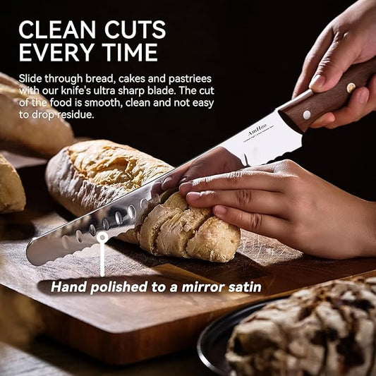 AmHoo Bread Knife 10-inch German High Carbon Stainless Steel Ultra Sharp Serrated Handle Walnut Wood for Homemade Bread Cake Christmas Gifts