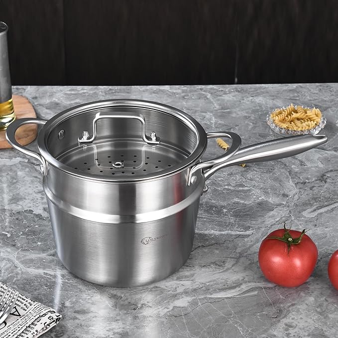 LOLYKITCH Tri-ply Stainless Steel 3 QT Saucepan with Lid and Steamer,Sauce Pot,Induction Cooking Pot,Dishwasher and Oven Safe.