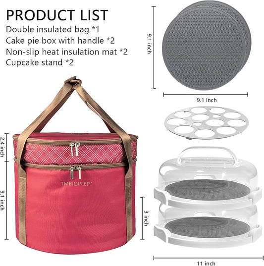 2 Pack Pie Carrier with Lids and Handles, Loadable Cupcake or Pizza Storage Containers, Includes Insulated Bags and Insulated Non-Slip Pads, Perfect for Transportation (Red)