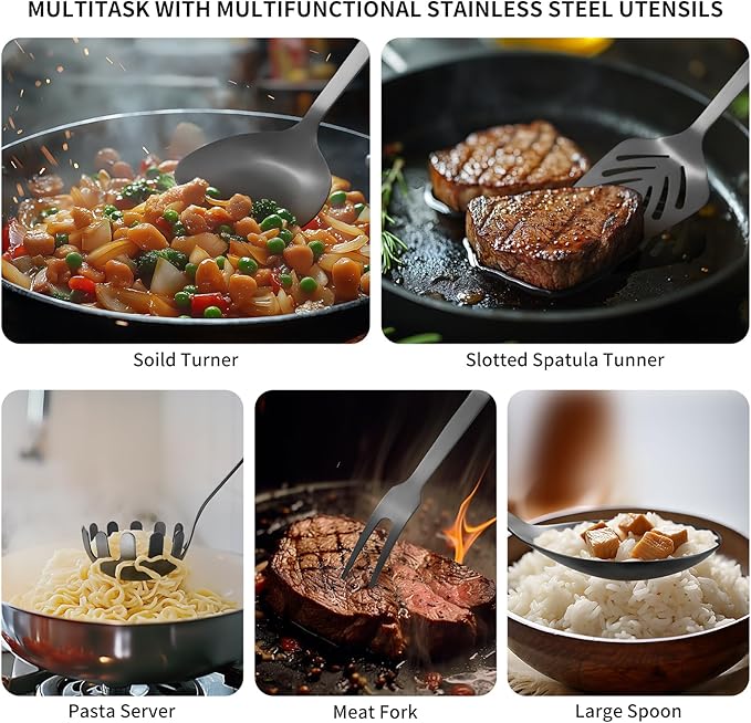 304 Stainless Steel Kitchen Utensil Set - 9pcs Cooking Utensils, Metal Kitchen Utensil Spatula Sets Cookware,High temperature resistance Kitchen Tool Set for Hanging Dishwasher Safe(Black)