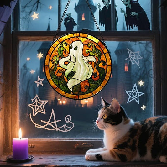 Stained Glass Window Hanging - Halloween Decorations Retro White Ghost Evil Spirit Suncatcher for Doors Garden Spooky Sun Catchers Gothic Decor Horror Gifts for Women Men Friend Boy 11.8 in