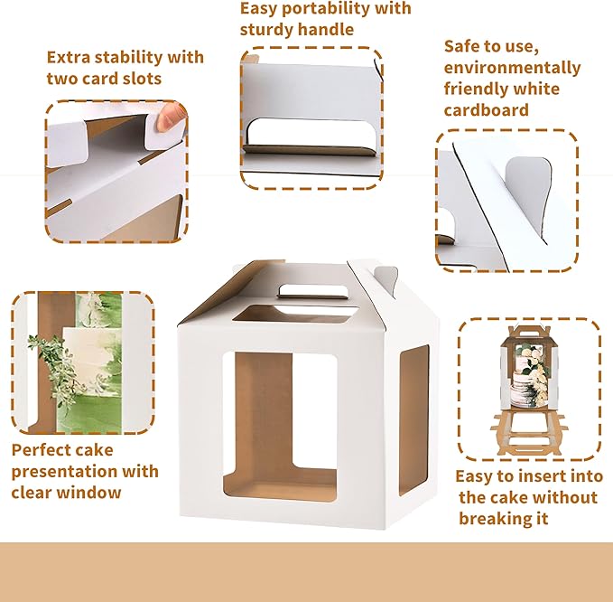 XININSUN 3 Pack Tall Cake Boxes for Tier Cake with 6 windows 14X14x14 Inch cake transport container,Bakery Take Out Transport Containers Tall Cake Carrier with Handle for Wedding, Birthday, Party