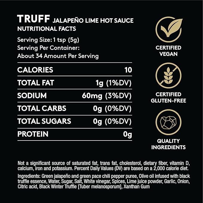TRUFF Jalapeño Lime Hot Sauce, Gourmet Hot Sauce with Black Winter Truffles, Green Jalapeño Peppers, Black Truffle Oil, Unique Flavor Experience in a Bottle, 6 oz.