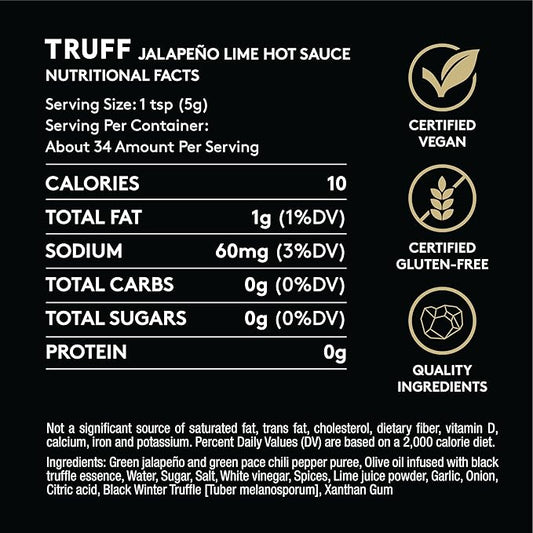 TRUFF Jalapeño Lime Hot Sauce, Gourmet Hot Sauce with Black Winter Truffles, Green Jalapeño Peppers, Black Truffle Oil, Unique Flavor Experience in a Bottle, 6 oz.