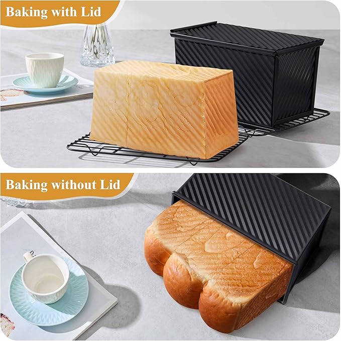 LIANYU 2 Pack Pullman Bread Loaf Pan with Lid, 1 Pound Dough Nonstick Loaf Baking Pans, Metal Bakeware for Sourdough Sandwich Homemade Bread, Carbon Steel Corrugated Toast Tin, Black