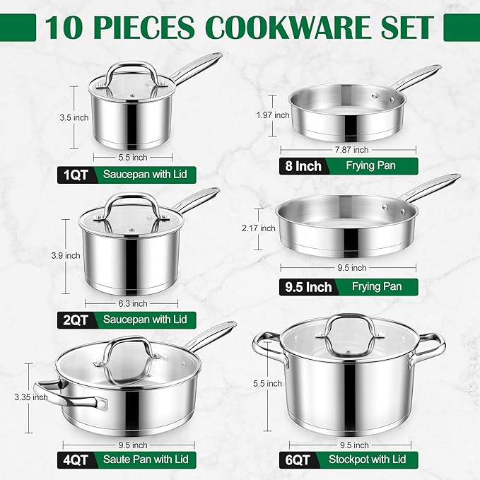 E-far 10-Piece Stainless Steel Cookware Set, Induction Pots and Pans Set with Tri-Ply Base, Non-toxic Kitchen Cooking Set w/Frying Pan, Saucepan, Saute Pan, Stockpot with Lids, Oven & Dishwasher Safe