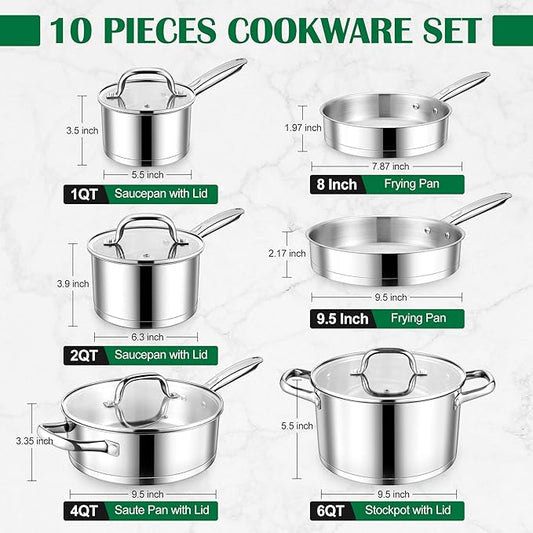 E-far 10-Piece Stainless Steel Cookware Set, Induction Pots and Pans Set with Tri-Ply Base, Non-toxic Kitchen Cooking Set w/Frying Pan, Saucepan, Saute Pan, Stockpot with Lids, Oven & Dishwasher Safe