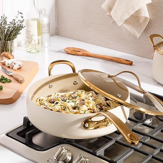bloomhouse 6 QT Heavy Duty Aluminum Premium PFA Free Ceramic Nonstick Saute/Deep Frying Pan Skillet with Lid - Almond Cream w/Gold Handle