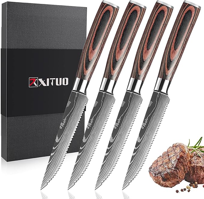 Serrated Steak Knife Set - 4pcs Premium 4.5 inch Kitchen Cutting Steak Knives, German Stainless Steel Knife Professional Table Dinner Knife with Pakkawood Handle for Home Restaurant, Gift Box