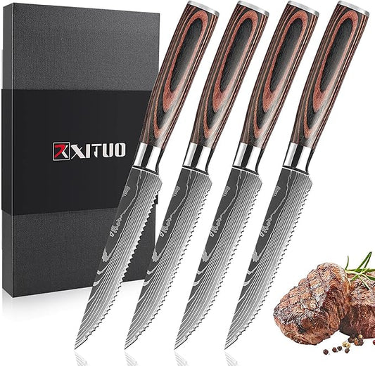 Serrated Steak Knife Set - 4pcs Premium 4.5 inch Kitchen Cutting Steak Knives, German Stainless Steel Knife Professional Table Dinner Knife with Pakkawood Handle for Home Restaurant, Gift Box