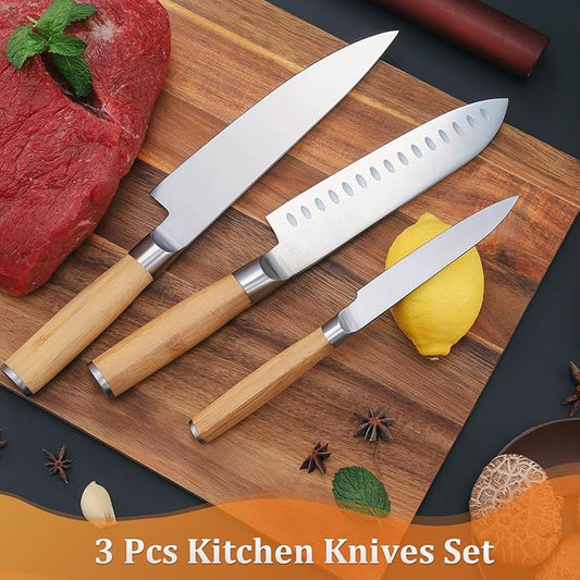 Kitchen Knives Set of 3 for Everyday Cooking,Starter Kitchen Knife Set Includes Chef,Santoku and Utility Knife,Molybdenum Vanadium Steel Knives Set with Carbonized Bamboo Handles and Gift Box