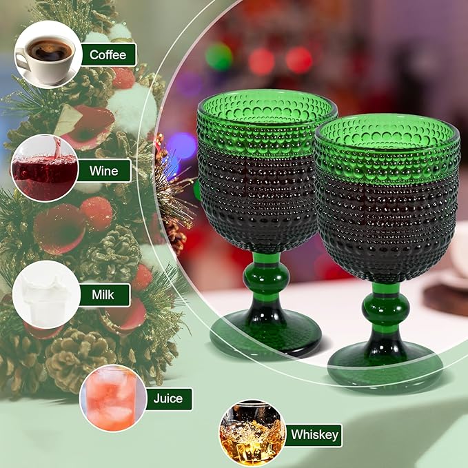 Vintage Wine Glasses Set of 6, 12 OZ Christmas Green Glass Water Goblets, Embossed Floral Decorative Crystal Glass Cups Set, Dishwasher Safe, for Wedding, Party, Red Wine Glass, Bars, Restaurants