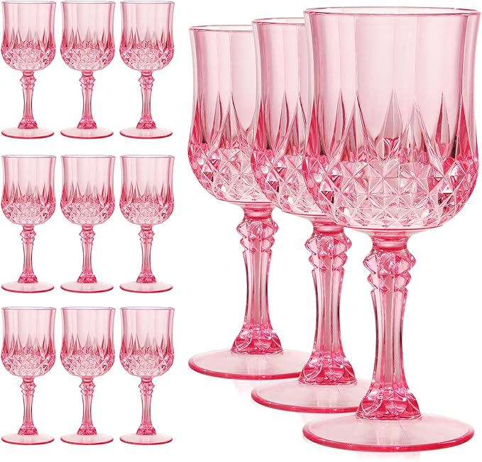 Pink Plastic Wine Glasses 7oz – 12 Pcs Unbreakable Pink Plastic Goblets for Parties Reusable & Dishwasher-Safe for Weddings, Bars, and Every Celebration