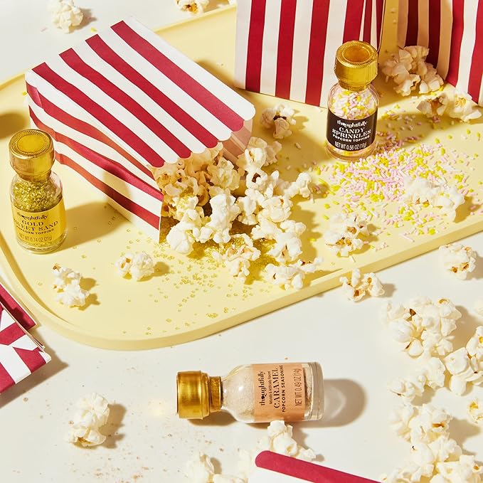 Thoughtfully Gourmet, Movie Night Popcorn Set, Includes Yellow and Mixed Popcorn Kernels, 10 Paper Bags, 5 Seasonings & Toppings