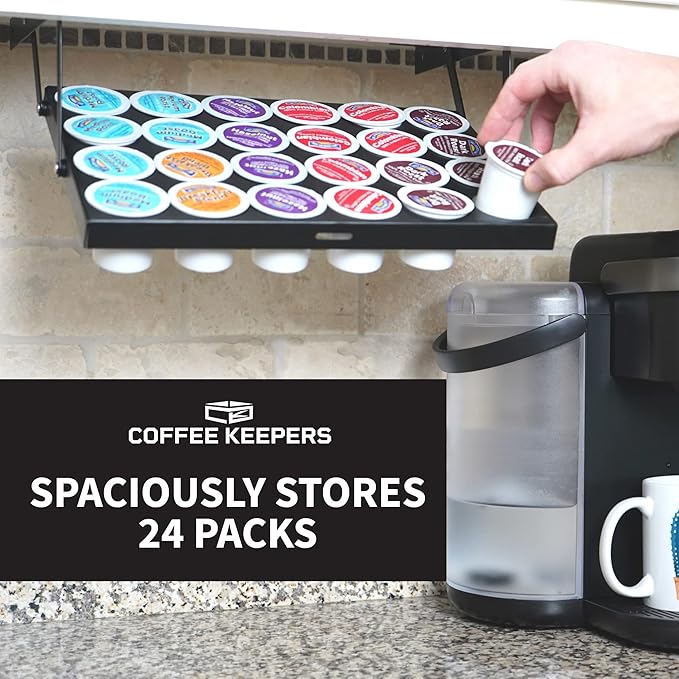 Under Cabinet K Cup Holder 24 Pods – Space-Saving Coffee Pod Holder – Keurig Pod Organizer for Small Spaces – Kcup Holder with Screws & Adhesive for Easy Installation STEEL - 13in x 10in - BLACK