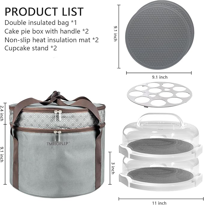 2 Pack Pie Carrier with Lids and Handles, Loadable Cupcake or Pizza Storage Containers, Includes Insulated Bags and Insulated Non-Slip Pads, Perfect for Transportation (Grey)