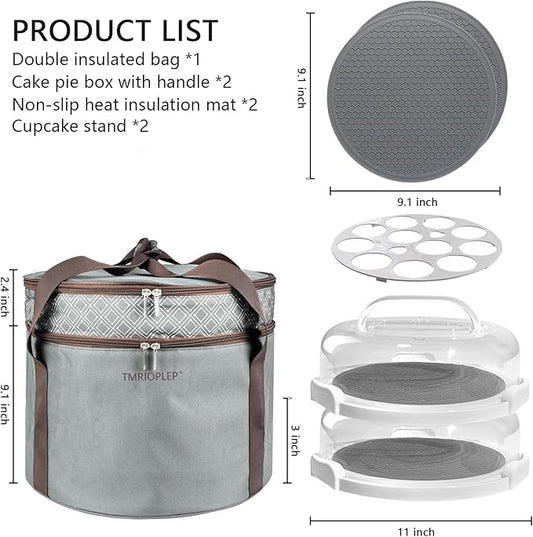 2 Pack Pie Carrier with Lids and Handles, Loadable Cupcake or Pizza Storage Containers, Includes Insulated Bags and Insulated Non-Slip Pads, Perfect for Transportation (Grey)
