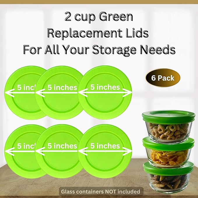 2 Cup/470 mL Spring Green Replacement Lids/Covers for Pyrex 7200-PC, 2 Cup/16oz Anchor Hocking & Klare Ware Storage Bowls *Lids Only* - *Glass Container Not Included* (6 Pack, Spring Green)