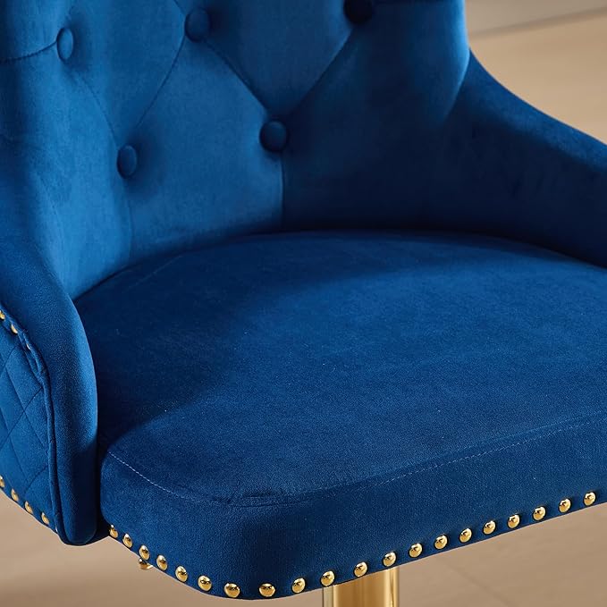 Velvet Gold Barstools Set of 2, Modern Counter Height Adjustable Swivel Stools Chairs with High Tufted Backrest Golden Base Lion Pull Ring Diamond Pattern Rivet Trim for Kitchen (Dark Blue)