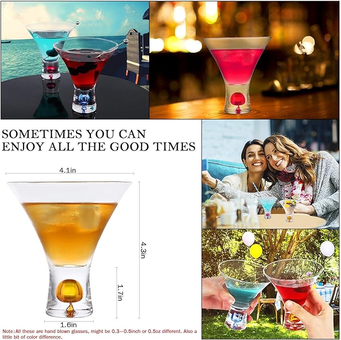 Martini Glasses Set of 4 - Christmas Gift Stemless Crystal Margarita Glasses 6oz Hand Blown Colored Cocktail Glasses Great for Martini, Margarita - Color Will Not Leak Off-Hand Wash Only