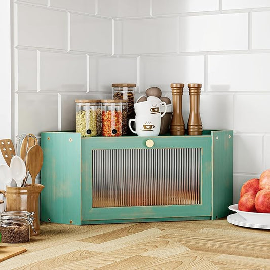 Corner Bamboo Bread Box for Kitchen Counter Large Capacity Rustic Bread Storage Container with Wavy Arcylic Transparent Door Vintage Storage for Homemade Bread (Antique Blue)