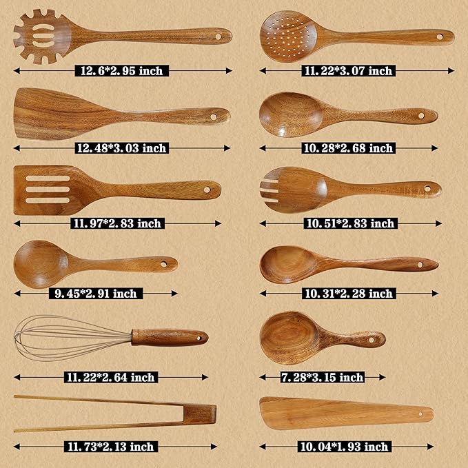 Unokit Wooden Utensil Set - 12 PCS Natural Teak Wood Kitchen Utensils Set with Wooden Spoons for Cooking and Spatula, Non-Scratch Nonstick Safe, Heat Resistant for All Cookware