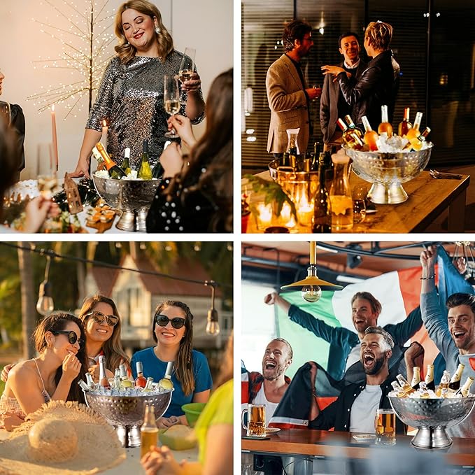 12L Hammered Large Ice Bucket for Parties - 16"x16"x10" Huge Punch Bowl with Ladle - Stainless Steel Bucket for Cocktail Bar - Lightweight Champagne Bucket with Scoop