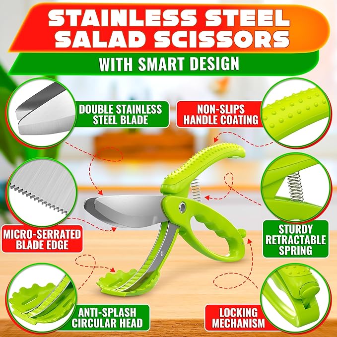 Salad Scissors for Chopped Salad – Multiblade Food Scissor Chopper With Spring-Loaded System & Anti-Slash Head for Fast Double Cutting – 8.9" Handy Size Lettuce Chopper, Stainless Steel Blades