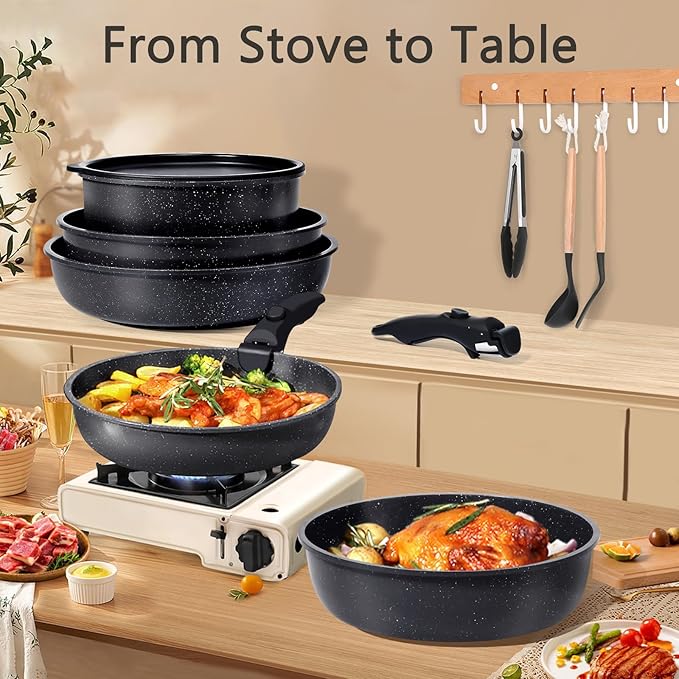 GiPP Ceramic Pots and Pans Set Non Stick, Nonstick Detachable Handle Cookware Sets, Healthy Non Toxic PFAS PFOA & PTFE Free, Dishwasher &Oven Safe, Induction Kitchen Pot and Pan, 15 Piece Grey
