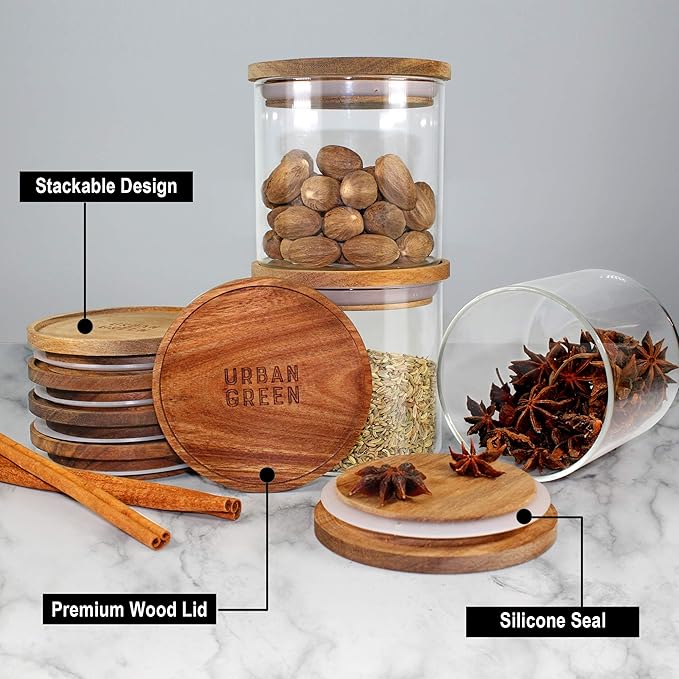 Urban Green Glass Jars with Airtight Lids, Airtight Glass Canisters set, Large Food Storage Containers with Wood Lids, 2 Pack of 100oz, Dry Food Pantry Jars, Flour Containers