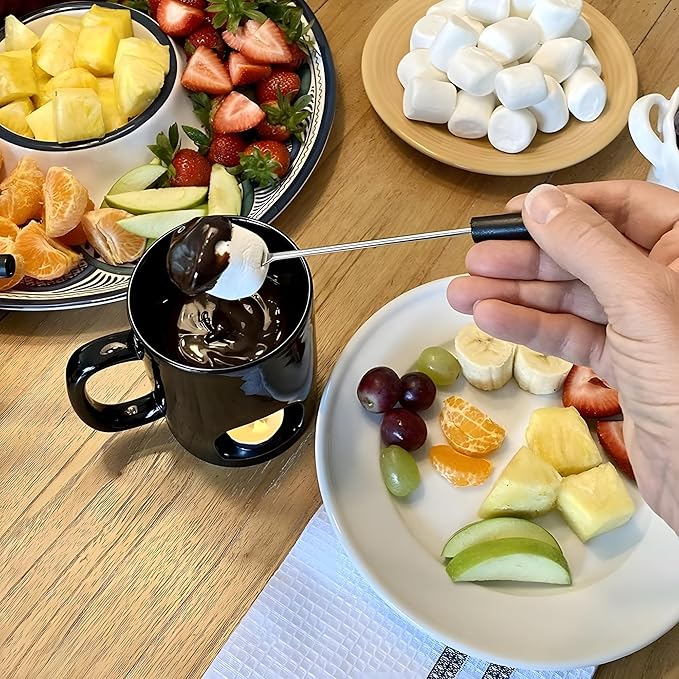 Evelots Fondue Pot Set for Chocolate, Cheese, Candy (2 Pack) Mini Ceramic Fondue Mugs Gift Set with 4 Forks & 8 Candles - Great for Date Night Birthday & Wedding Gifts