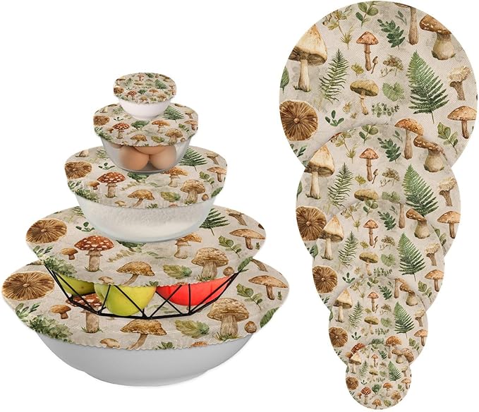 5 Pcs Bowl Covers Reusable in 5 Size Elastic Food Cover Cloth Lids Fresh Keeping Dish Cookware Bakeware Fabric Covers Lids for Food Leftovers Fruits Storage Watercolor Mushrooms Leaves Beige