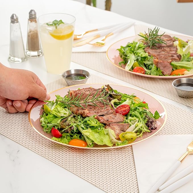 Restaurantware Plastic Plates 100 Pcs 10" Gold Rimmed Disposable Plates Heavy-Duty Pink Translucent Rippled Plastic Dinner Servers for Party, Weddings, Salads, Desserts, and Appetizers
