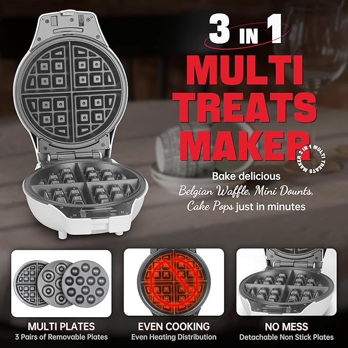 Thick Belgian Waffle Maker with 3 Removable Plates, 7” Non Stick Belgian Waffle Iron Removable Plates, 3 in 1 Mini Donut Maker Machine, Cake Pop Maker Machine Set with Accessories & Tools