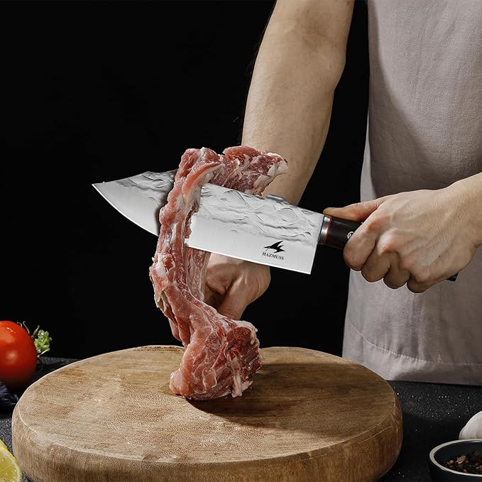 Professional Forged Butcher Knife, Sharp 8-inch High Carbon Stainless Steel Blade for Meat-Cleavers, Ash Wood Handle, with Leather Sheath Great for Home, Camping, BBQ