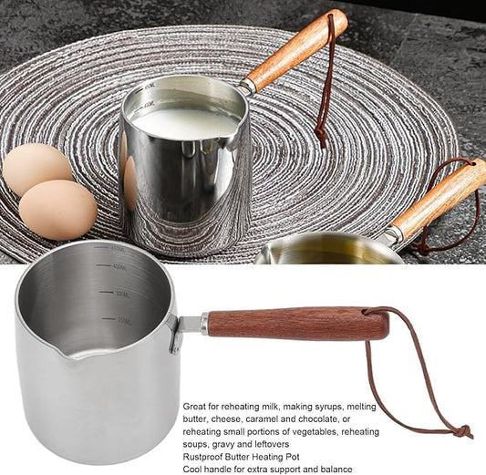 Stainless Steel Turkish Warmer Coffee and Butter Warmer - 450ml/15oz Milk Pot with Spout and Wooden Handle