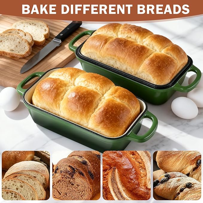 9 x 5 Inch Bread Pan Enameled Cast Iron Loaf Pan with Lid for Baking, 2 in 1 Non-stick Sourdough Bread Loaf Pan for Homemade Bread, Oven & Stovetop Safe for Gas, Electric & Induction, Green