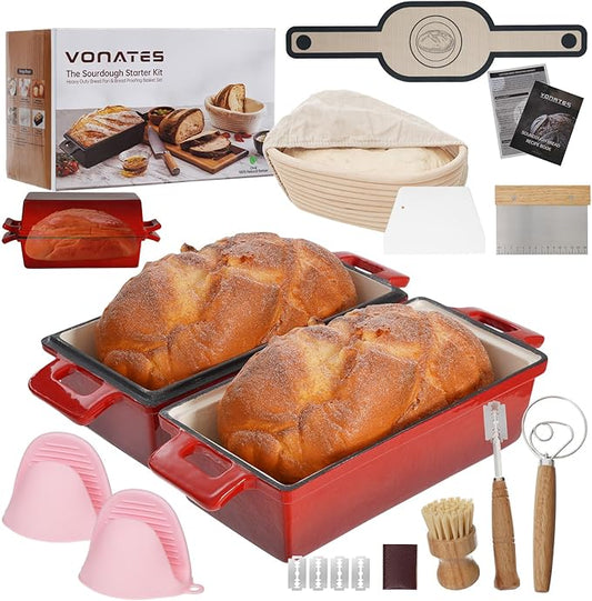 2 in 1 Enameled Cast Iron Loaf Pan with Lid, 9×5 Inch Bread Baking Pans for Homemade Bread, Pre-Seasoned Loaf Pan Bread Pan with Sourdough Bread Baking Supplies (2 PCS)